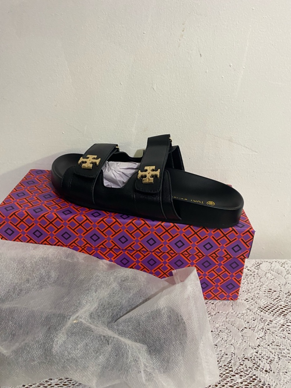 Tory Burch Black Leather Double-Strap Slides with Gold Logo Accents - Picture 2 of 5